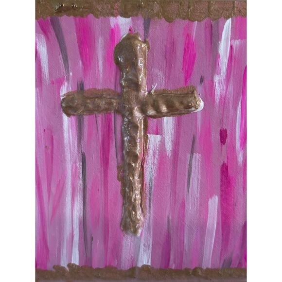 Gold Cross Wood Painting Hand Painted 5x5 Block White Raised Cross Pink Style - Picture 4 of 9